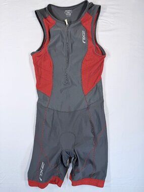 2XU Men's Medium Compression Tri Suit Bib Shorts Full Length Grey Red
